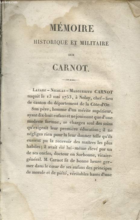 MEMOIRE HISTORIQUE ET MILITAIRE SUR CARNOT