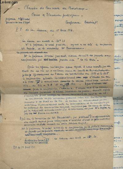 MANUSCRIT : CHAMBRE DE COMMERCE DE BORDEAUX COURS D ECONOMIE POLITIQUE - P.V. DE LA SEANCE DU 15 AVRIL 1921