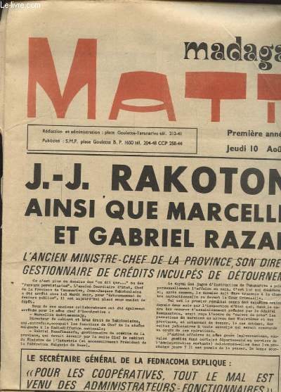 MADAGASCAR MATIN N63 : J.J. RAKOTONIANAINA ARRETE AINSI QUE MARCELLIN ANDRIAMAMONJY ET GABRIEL RAZAFIMAHEFA
