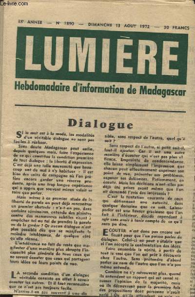 LUMIERE N1890 13 AOUT 1972 : VERS UNE VRAIE DEMOCRATIE CE SEMBLE ETRE L AMBITION DU GOUVERNEMENT COMME DU PROCHAIN CONGRES NATIONAL