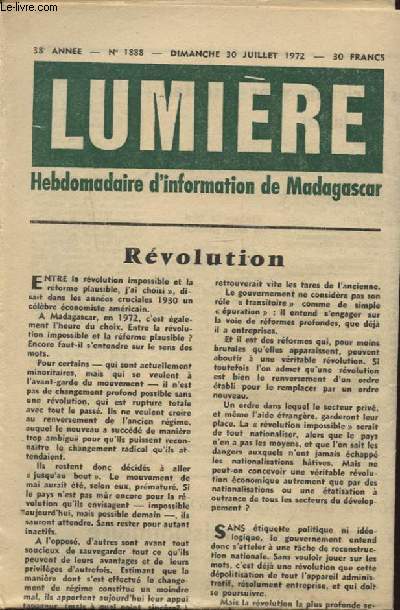 LUMIERE N1888 30 JUILLET 1972 : LE MINISTRE DE L ECONOMIE ET DES FINANCES - LE GOUVERNEMENT ENTEND ASSUMER LA PLENITUDE DE SES RESPONSABILITES