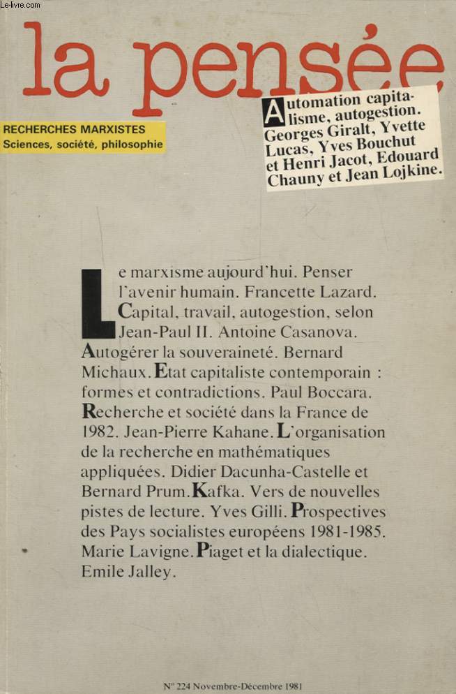 LA PENSEE N224 : AUTOMATION CAPITALISME AUTOGESTION