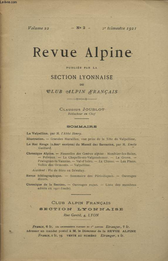 REVUE ALPINE VOLUME 22 N2 : la valpelline - le roque rouge...