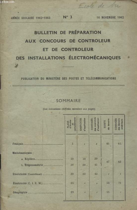 BULLETIN DE PREPARATION AUX CONCOURS DE CONTROLEUR ET DE CONTROLEUR DES INSTALLATIONS ELECTROMECANIQUES N3