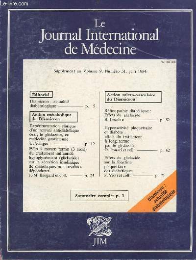 LE JOURNAL INTERNATIONAL DE MEDECINE - SUPPLEMENT AU VOLUME 9, NUMERO 51, JUIN 1984.