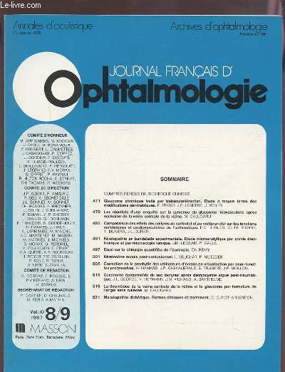 JOURNAL FRANCAIS D'OPHTALMOLOGIE - N 8/9 VOLUME 10.