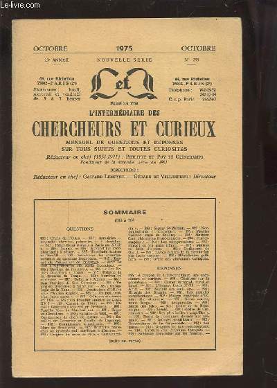 L'INTERMADIAIRE DES CHERCHEURS ET CURIEUX - MENSUEL DE QUESTIONS ET REPONSES SUR TOUS SUJETS ET TOUTES CURIOSITES - N295 OCTOBRE 1975.