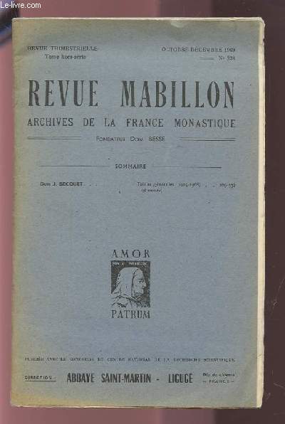 REVUE MABILLON - ARCHIVES DE LA FRANCE MONASTIQUE N238 - OCTOBRE-DECEMBRE 1969.