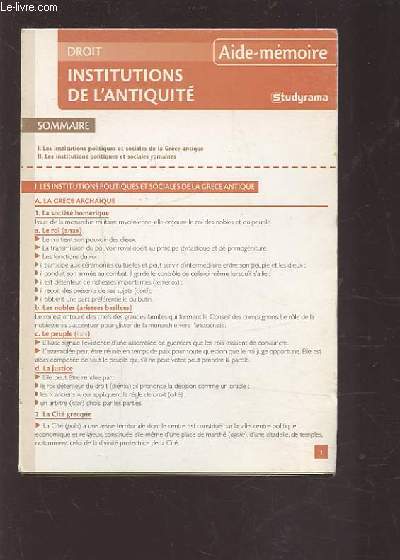 AIDE MEMOIRE - DROIT INSTITUTIONS DE L'ANTIQUITE.