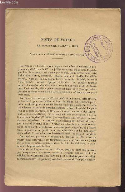 NOTES DE VOYAGE - LE SANCTUAIRE D'ALLAT A IRAM - EXTRAIT DE LA 