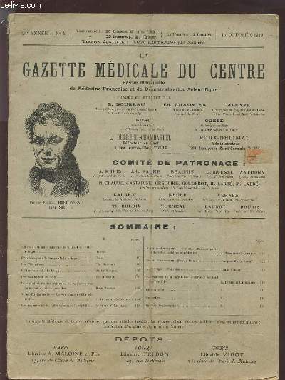 LA GAZETTE MEDICALE DE CENTRE - REVUE N4 - 15 OCTOBRE 1919 - 24 ANNEE.