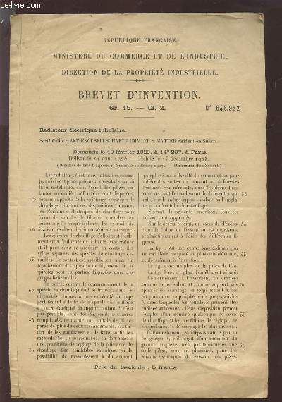 MINISTERE DU COMMERCE ET DE L'INDUSTRIE - DIRECTION DE LA PROPRIETE INDUSTRIELLE - BREVET D'INVENTION.