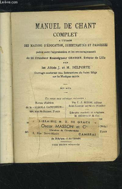 MANUEL DE CHANT COMPLET A L'USAGE DES MAISONS D'EDUCATION, COMMUNAUTES ET PAROISSES.