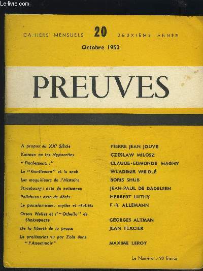 PREUVES - CAHIERS MENSUELS 20 - 2 ANNEE - OCTOBRE 1952 - A propos du XX sicle + Ketman ou les Hypocrites + 