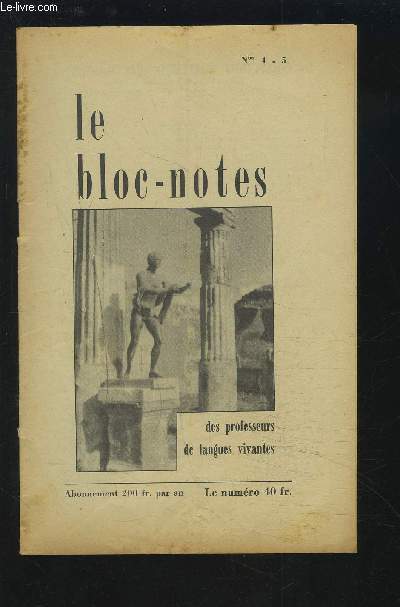 LE BLOC-NOTES DES PROFESSEURS DE LANGUES VIVANTES - N 4-5 : Fiches perfores sur une version italienne + Espagne + Rcrations grammaticales + Motivgleiche gedichte, von Walter von der Vogel-Weide bis Josef Weinheber + Loblied auf den Wintersport...etc.