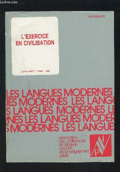 L'EXERCICE EN CIVILISATION - LES LANGUES MODERNES LXXX ANNEE - N4/5 - 1986.