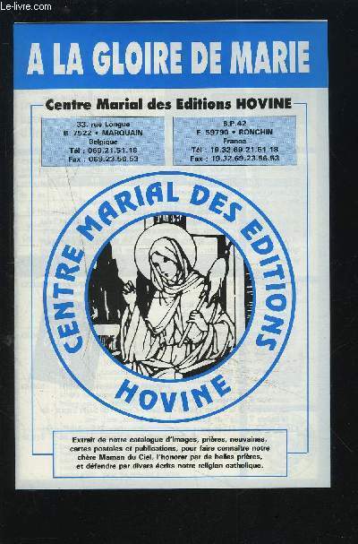 A LA GLOIRE DE MARIE - extrait de notre catalogue d'images, prires, neuvaines, cartes postale et publication.