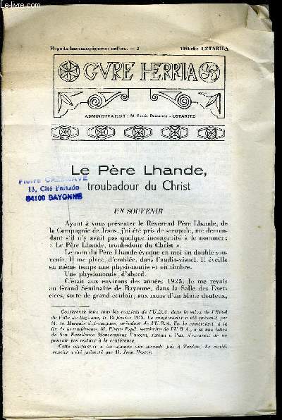 LE PERE LHANDE, TROUBADOUR DU CHRIST (BROCHURE) - Hogoita- hamazazpigarren urthea - 2 - 1965 - cko UZTARILA.