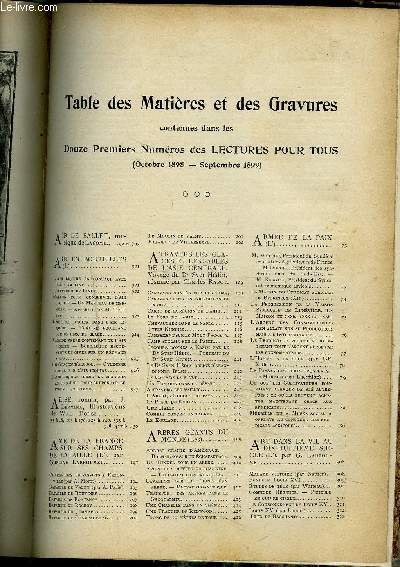 TABLE DES MATIERES ET DES GRAVURES contenues dans les 12ers numeros des LECTURES POUR TOUS (octobre 1898- septembre 1899).