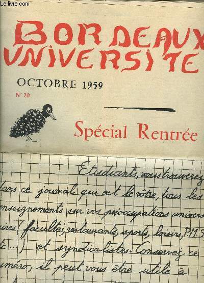 BORDEAUX UNIVERSITE- N20- OCT 1959- SPECIAL RENTREE- AGEB- Le 14 Cours Pasteur!...- UNEF- Le service Militaire des tudiants en Mdecine- Mutuelle nationale des tudiants de France- Les bourses- BEC- PMS- Cours polycopis...