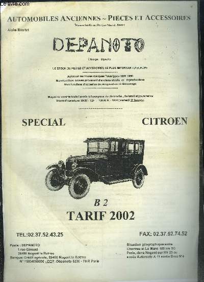DEPANOTO- AUTOMOBILES ANCIENNES- PIECES ACCESSOIRES- SPECIAL CITROEN B2- TARIF 2002