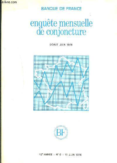 BANQUE DE FRANCE- ENQUETE MENSUELLE DE CONJONCTURE- DEBUT JUIN 1976- 12 e anne- N6- 15 JUIN 1976- Industrie des mtaux, constructions mcaniques et lectriques- Chimie, caoutchouc, verre- Produits alimentaires- Textiles, habillement, cuir- Industries di