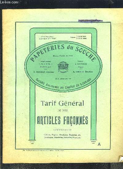 PAPETERIES DU SOUCHE- TARIF GENERAL DE NOS ARTICLES FACONNES COMPRENANT cahiers piqres brochires registres enveloppes papeteries pochettes blocs...