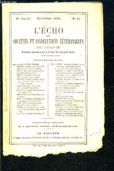 L ECHO DES SOCIETES ET ASSOCIATIONS VETERINAIRES DE FRANCE- 9me anne- nov 1887- N11- Conseil de perfectionnement- Intrts professionnels- Varits- Congrs international vtrinaire...