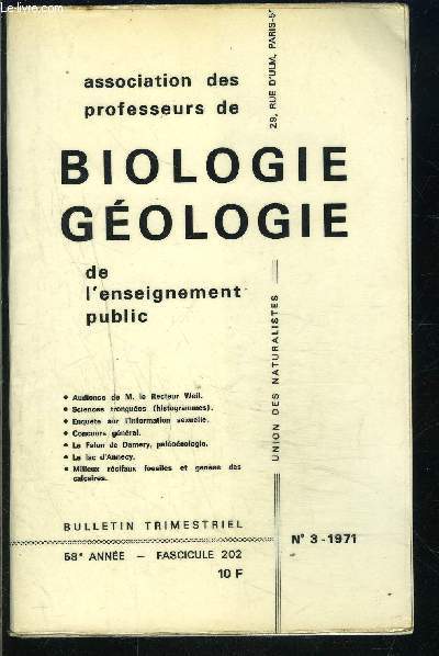 BIOLOGIE GEOLOGIE- FASC. 202 N3- 58 me anne- ASSOCIATIONS DES PROFESSEURS- culture de protonma de Mousse- sciences tronques- essai de reconstitution du palobiotope ...