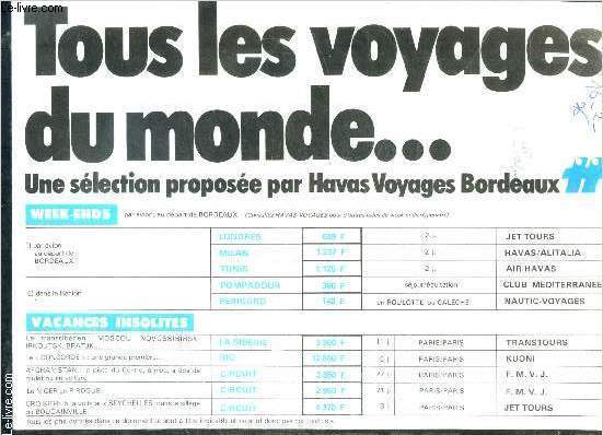 1 PLAQUETTE: HAVAS VOYAGES BORDEAUX- TOUS LES VOYAGES DU MONDE...- PLAQUETTE DE TARIFS 1976