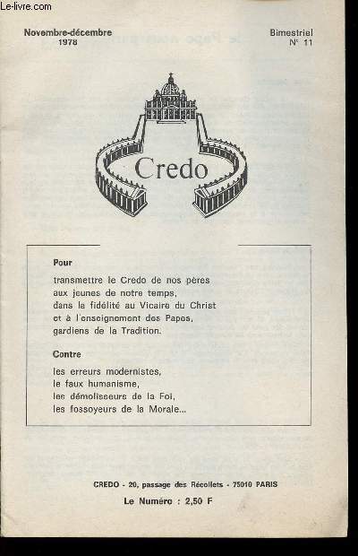 Livret : CREDO - NOVEMBRE-DECEMBRE 1978 - BIMESTRIEL N11