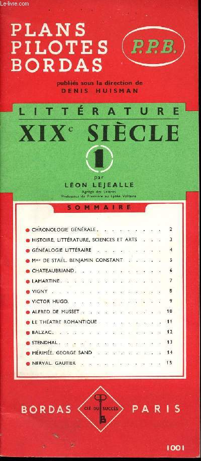 PLANS PILOTES BORDAS - P.P.B. - LITTERATURE - XIXe SIECLE 1