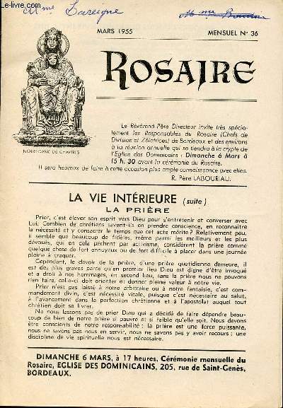LIVRET ROSAIRE - MARS 1955 - MENSUEL N36 - LA VIE INTERIEURE (SUITE) - LA PRIERE