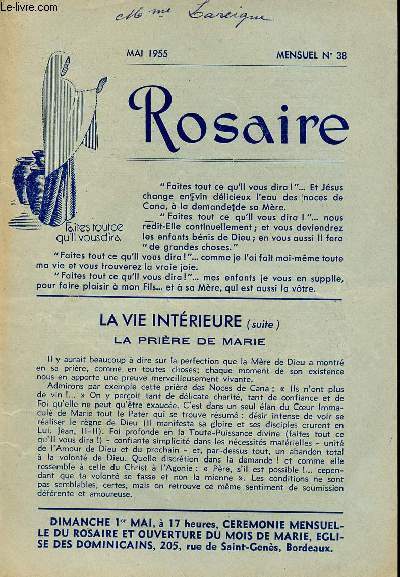 LIVRET ROSAIRE - MAI 1955 - MENSUEL N38 - LA VIE INTERIEURE (SUITE) - LA PRIERE DE MARIE