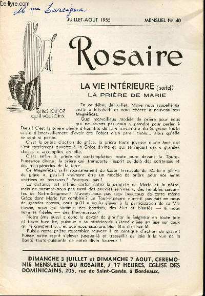 LIVRET ROSAIRE - JUILLET-AOUT 1955 - MENSUEL N40 - LA VIE INTERIEURE (SUITE) - LA PRIERE DE MARIE
