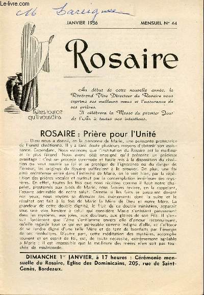 LIVRET ROSAIRE - JANVIER 1956 - MENSUEL N44 - ROSAIRE : PRIERE POUR L'UNITE