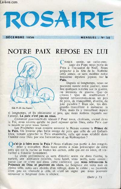 LIVRET ROSAIRE - DECEMBRE 1956 - MENSUEL N54 - NOTRE PAIX REPOSE EN LUI