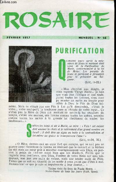 LIVRET ROSAIRE - FEVRIER 1957 - MENSUEL N56 - PURIFICATION