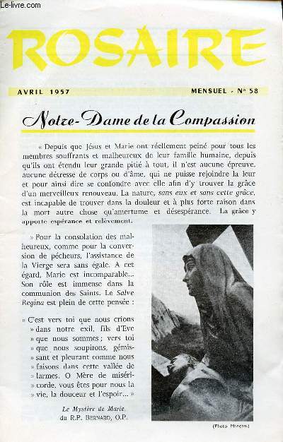 LIVRET ROSAIRE - AVRIL 1957 - MENSUEL N58 - NOTRE-DAME DE LA COMPASSION