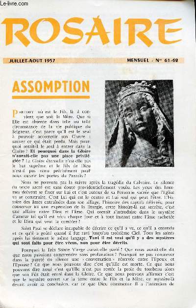 LIVRET ROSAIRE - JUILLET-AOUT 1957 - MENSUEL N61-62 - ASSOMPTION