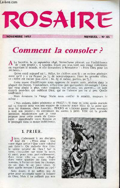 LIVRET ROSAIRE - NOVEMBRE 1957 - MENSUEL N65 - COMMENT LA CONSOLER ?