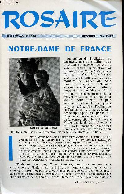 LIVRET ROSAIRE - JUILLET-AOUT 1957 - MENSUEL N73-74 - NOTRE-DAME DE FRANCE