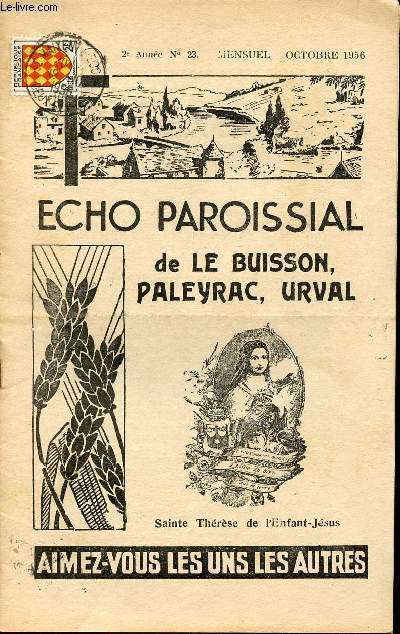 ECHO PAROISSIAL DE LE BUISSON, PALEYRAC, URVAL - 2e ANNEE N23 - MENSUEL - OCTOBRE 1956 - Chronique Paroissiale Carillons et Glas - La Doctrine Sociale de l'Eglise - Etc