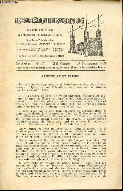 REVUE - L'AQUITAINE - 94e ANNEE - N45 - 27 NOVEMBRE 1959 - SEMAINE RELIGIEUSE DE L'ARCHIDIOCESE DE BORDEAUX ET BAZAS - Apostolat et Prire - Etc.