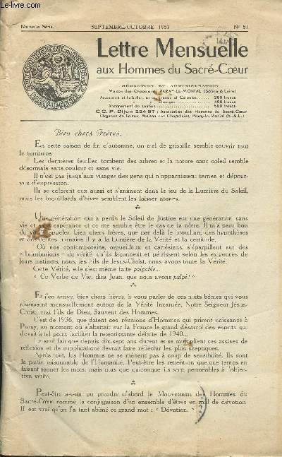 LETTRE MENSUELLE AUX HOMMES DU SACRE-COEUR - NOUVELLE SERIE - SEPTEMBRE-OCTOBRE 1953 - N87 - Chemin de Croix - Discours d'un Marxiste converti - Les cinq jours - Etc.