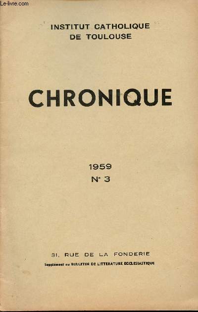 N3 - JUILLET 1959 - CHRONIQUE - Rsultats du Concours gnral - Rsultats du Concours interscolaire - Sujets du Concours gnral - Sujets et rapports du Concours interscolaire.