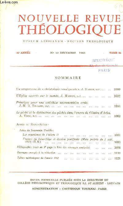 NOUVELLE REVUE THEOLOGIQUE N10 DEC 62 - 94E ANNEE - TOME 84