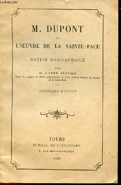 M. DUPONT ET L'OEUVRE DE LA SAINTE-FACE - JANVIER (ABBE) - 1933 - Afbeelding 1 van 1