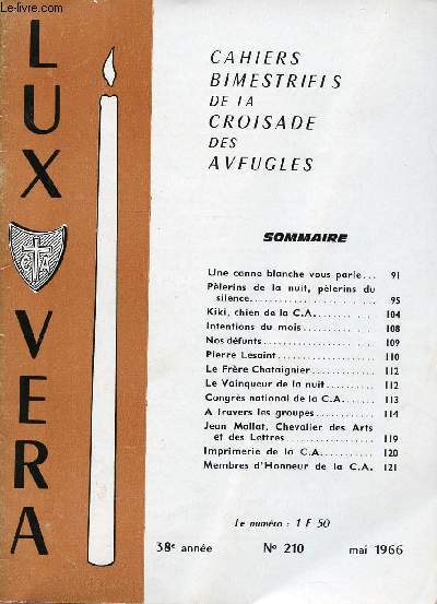 CAHIERS BIMESTRIELS DE LA CROISADE DES AVEUGLES - N210 - MAI 1966