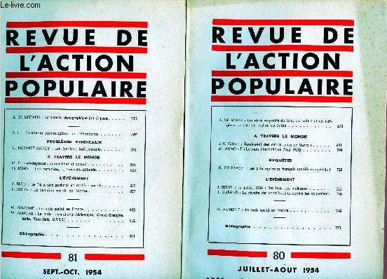 REVUE DE L'ACTION POPULAIRE - 2 VOLUMES : N80 ET 81 : JUILLET A OCTOBRE 1954